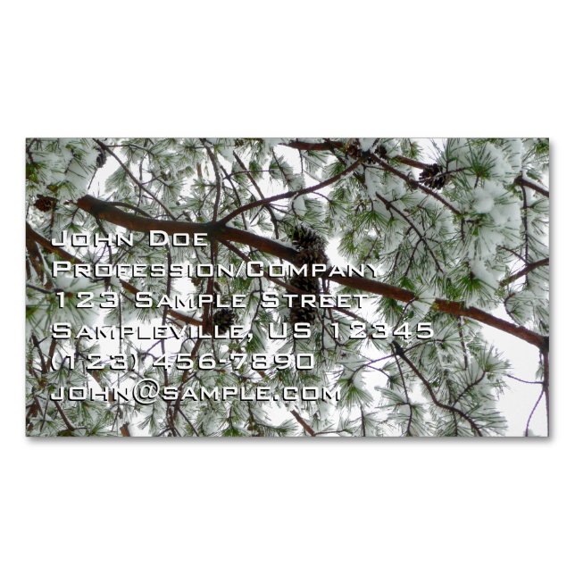 Underneath the Snow Covered Pine Tree Winter Photo Magnetic Business Card (Front)