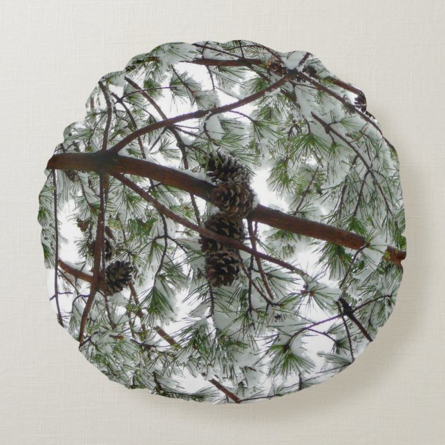 Underneath the Snow Covered Pine Tree Winter Photo Round Cushion (Front)