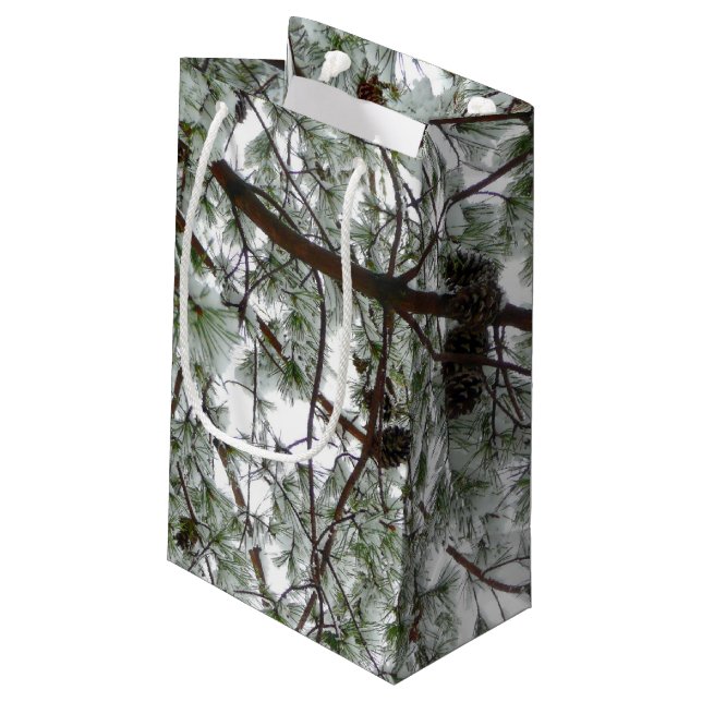Underneath the Snow Covered Pine Tree Winter Photo Small Gift Bag (Back Angled)