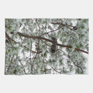 Underneath the Snow Covered Pine Tree Winter Photo Tea Towel