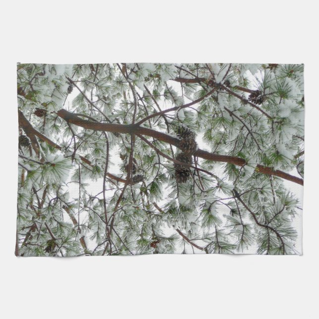 Underneath the Snow Covered Pine Tree Winter Photo Tea Towel (Horizontal)