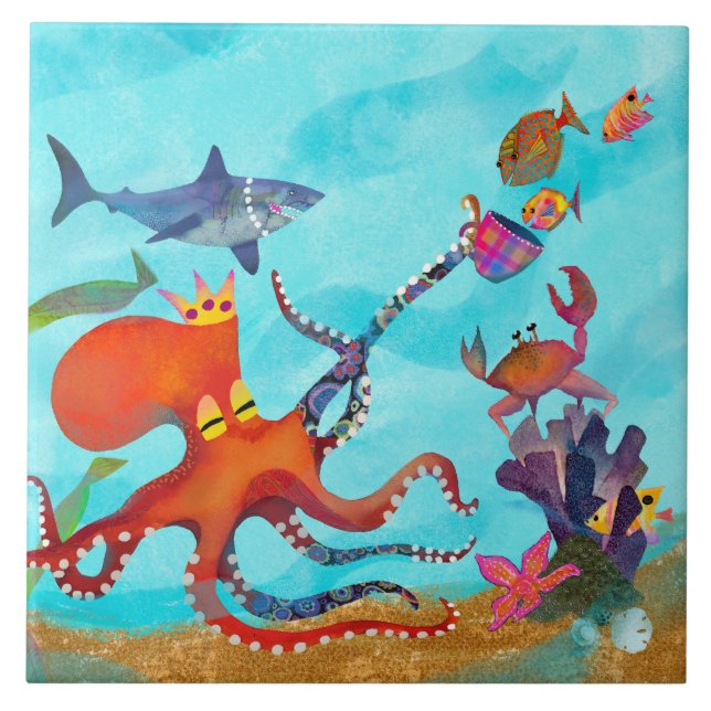 Undersea Octopus Adventure Ceramic Kitchen Tile (Front)