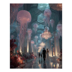 Undersea Palace Jellyfish Light Fantasy Art Poster