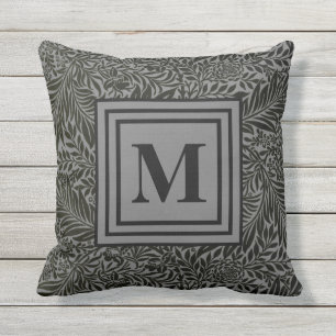 Understated Dark Grey Botanical Pattern Monogram Cushion