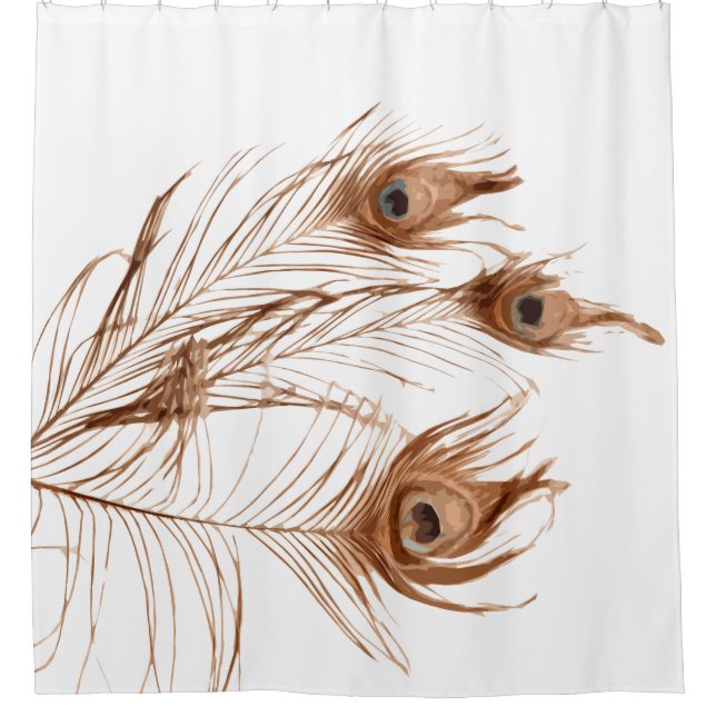 Understated Geometric Peacock Feathers on White Shower Curtain (Front)