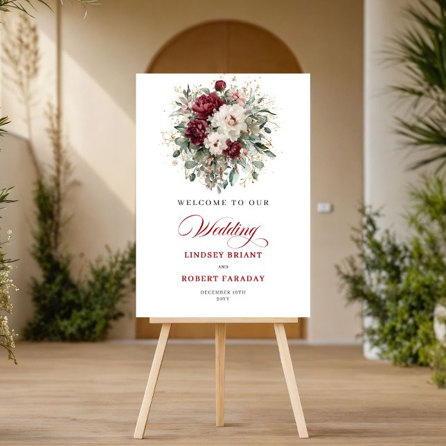 Understated Marsala Floral Eucalyptus Welcome Sign (Understated Marsala Floral Eucalyptus Welcome Sign)