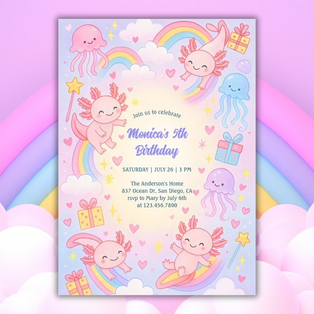 Underwater Adventure Cute Axolotl Birthday Party Invitation (Cute Axolotl Birthday Invitation Underwater Adventure Party Invite)