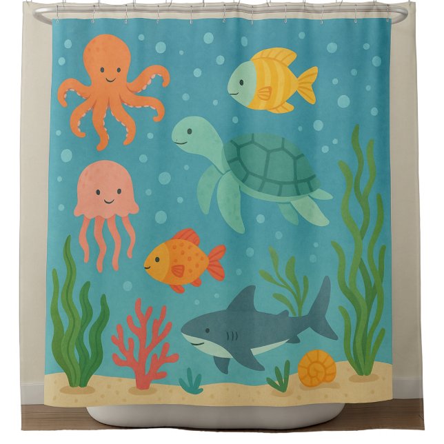 Underwater Adventure | Cute Sea Creatures Shower C Curtain (Front)