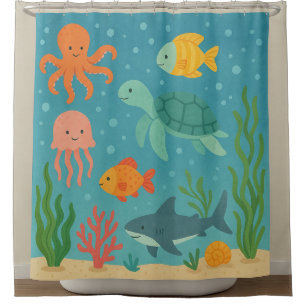 Underwater Adventure Cute Sea Creatures Shower C Shower Curtain