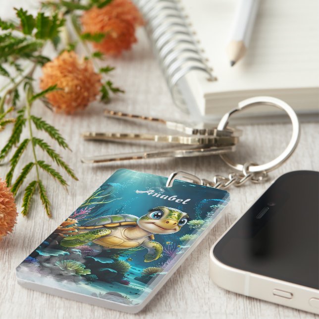 Underwater adventures with the cheerful turtle.  key ring (Front Right)