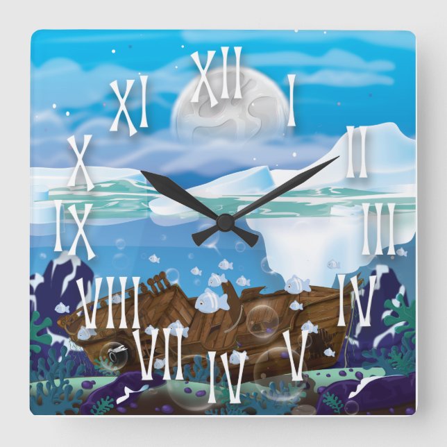 Underwater Arctic Shipwreck Square Wall Clock (Front)