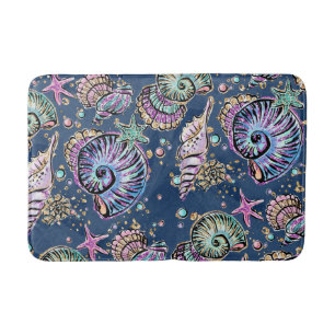 Underwater Blue Luxe Pastel Gold Seashells Bath Mat