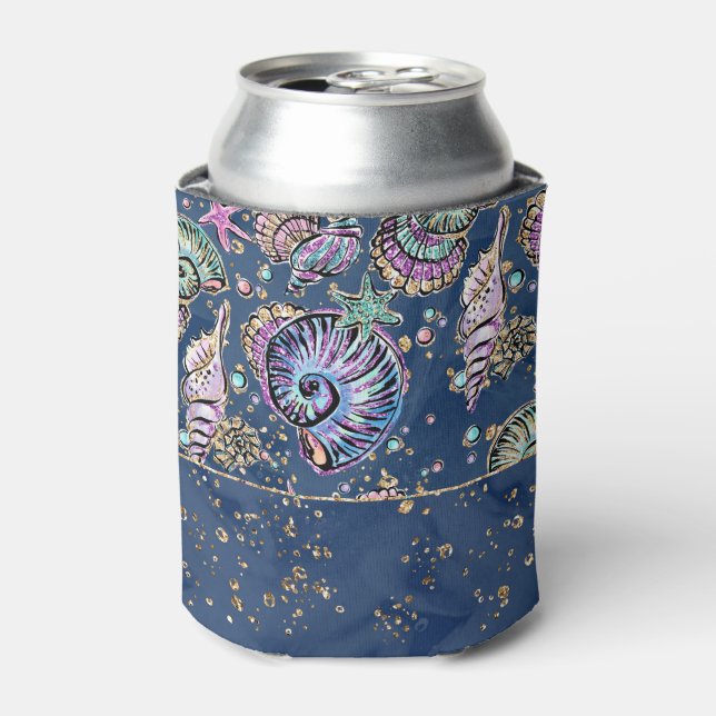 Underwater Blue Luxe | Pastel Gold Seashells Can Cooler (Can Front)