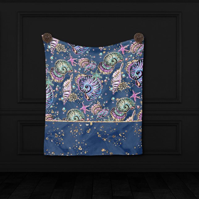 Underwater Blue Luxe | Pastel Gold Seashells Fleece Blanket (Creator Uploaded)