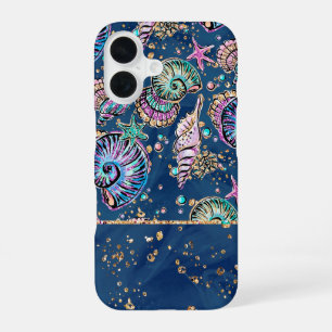 Underwater Blue Luxe   Pastel Gold Seashells iPhone 16 Case