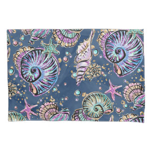 Underwater Blue Luxe   Pastel Gold Seashells Pillowcase