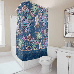 Underwater Blue Luxe   Pastel Gold Seashells Shower Curtain
