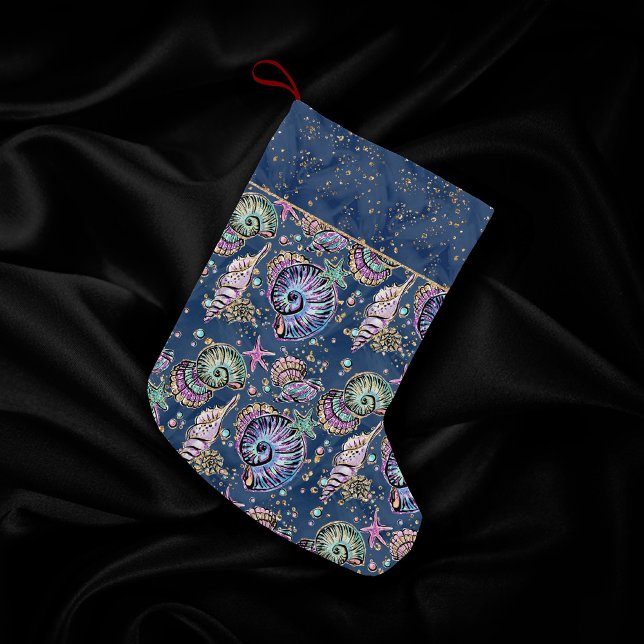 Underwater Blue Luxe | Pastel Gold Seashells Small Christmas Stocking (Creator Uploaded)