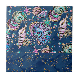 Underwater Blue Luxe   Pastel Gold Seashells Tile