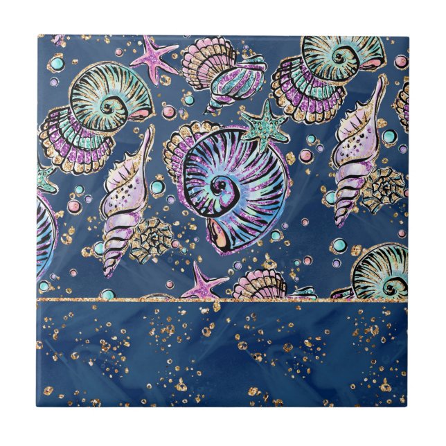 Underwater Blue Luxe | Pastel Gold Seashells Tile (Front)