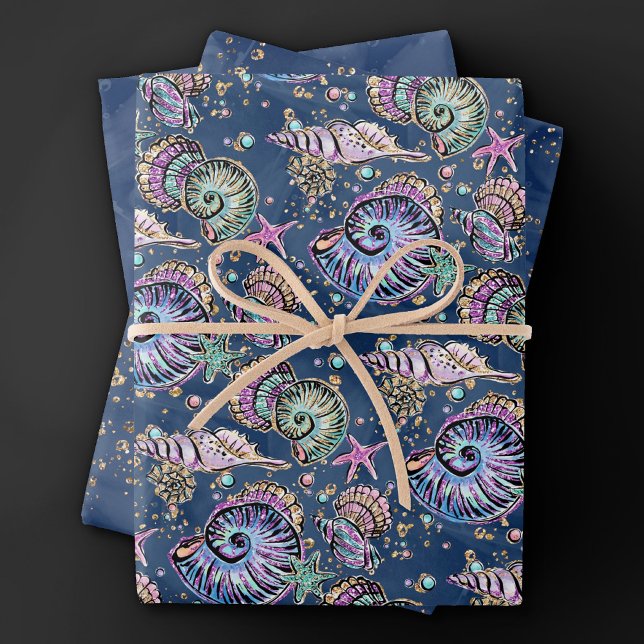 Underwater Blue Luxe | Pastel Gold Seashells Wrapping Paper Sheet (Creator Uploaded)