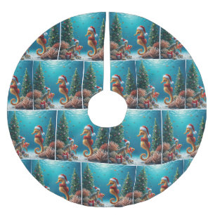 Underwater Christmas Seahorse and Sea Turtle Brushed Polyester Tree Skirt