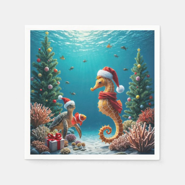 Underwater Christmas Seahorse and Sea Turtle Napkin (Front)