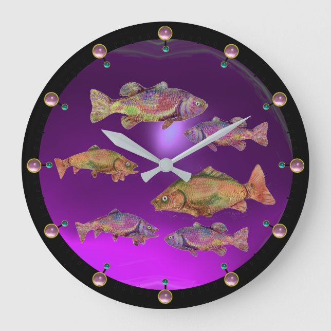 UNDERWATER,COLORFUL RAINBOW TROUTS Purple Pink Gem Large Clock (Front)