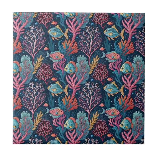 Underwater Coral & Fishes - Aquatic Ocean Pattern Tile (Front)