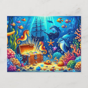 Underwater Coral Reef, Sealife and Treasure chest Postcard