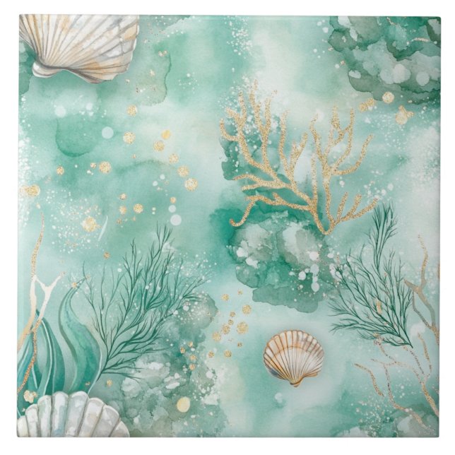 Underwater Coral & Shells in Teal Seamless Tile (Front)