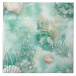 Underwater Coral & Shells in Teal Watercolor<br><div class="desc">Bring the tranquil beauty of the ocean floor into your home with this elegant ceramic tile featuring a watercolor illustration of coral and seashells. Set against a rich teal background, the delicate marine elements — from scallop shells to branching coral — are painted in soft, natural hues with subtle golden...</div>
