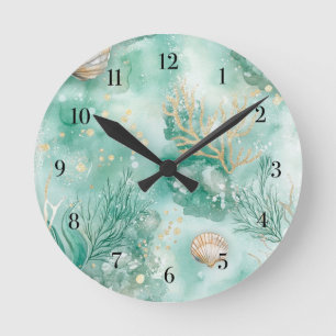Underwater Coral & Shells in Teal Watercolor Round Clock