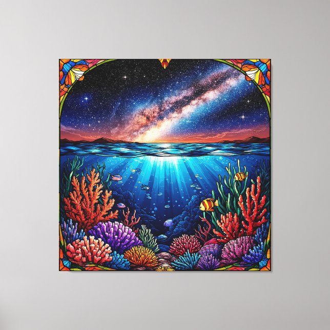 Underwater Corals with Starry Sky Above Canvas Print (Front)