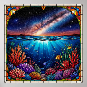 Underwater Corals with Starry Sky Above Poster