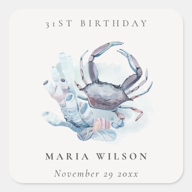 Underwater Crab Coral Nautical Any Age Birthday Square Sticker (Front)