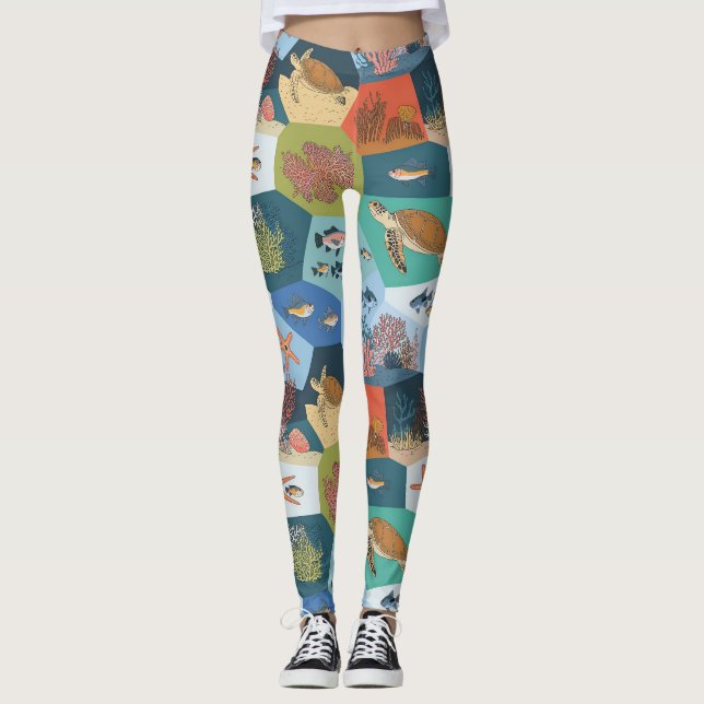 Underwater Creatures Collage Design Leggings (Front)
