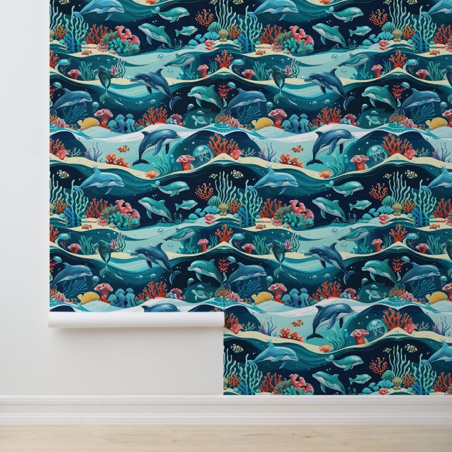 Underwater Dolphin & Coral Reef Peel and Stick  Wallpaper (Application)