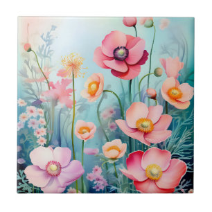 Underwater Elegant Watercolor Anemones Tile