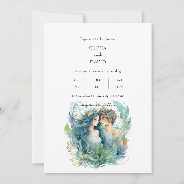 Underwater Fantasy Mermaid Couple Beach Wedding Invitation (Front)
