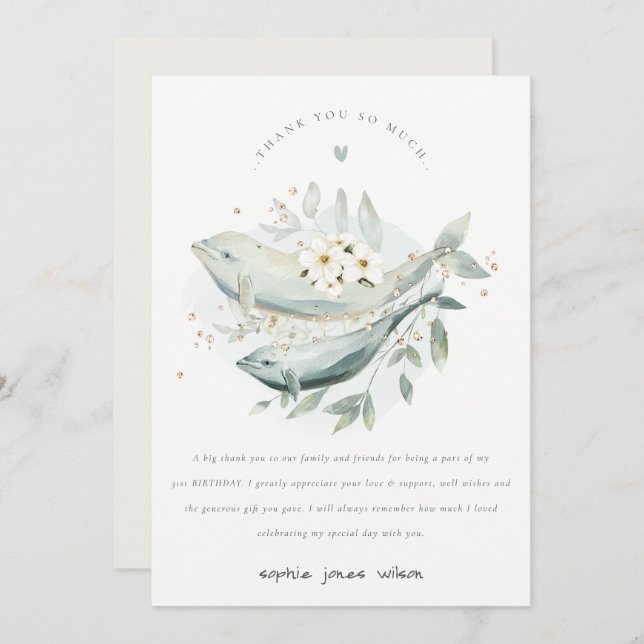 Underwater Floral Whale Fish Any Age Birthday Thank You Card (Front/Back)