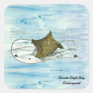 Underwater Hand-Painted Endangered Eagle Ray  Square Sticker