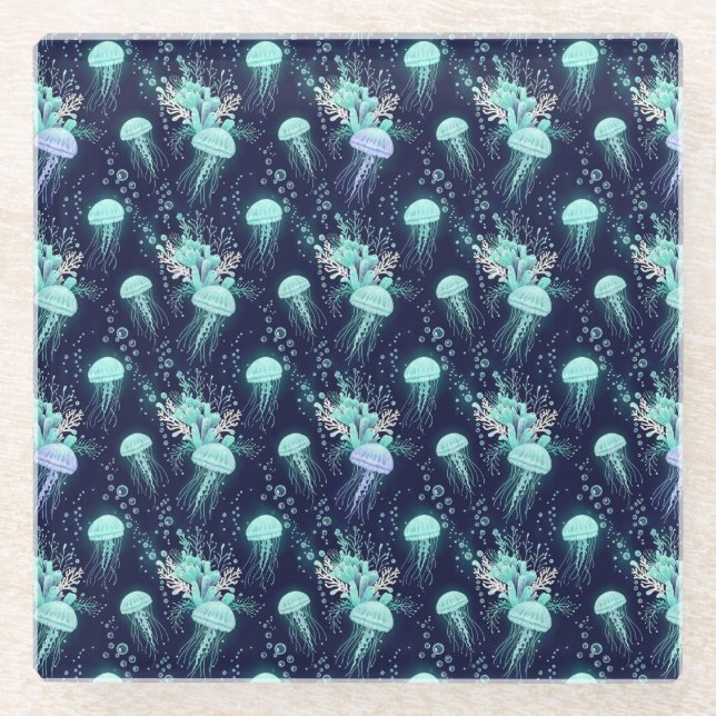 Underwater Jellyfish Pattern Glass Coaster (Front)