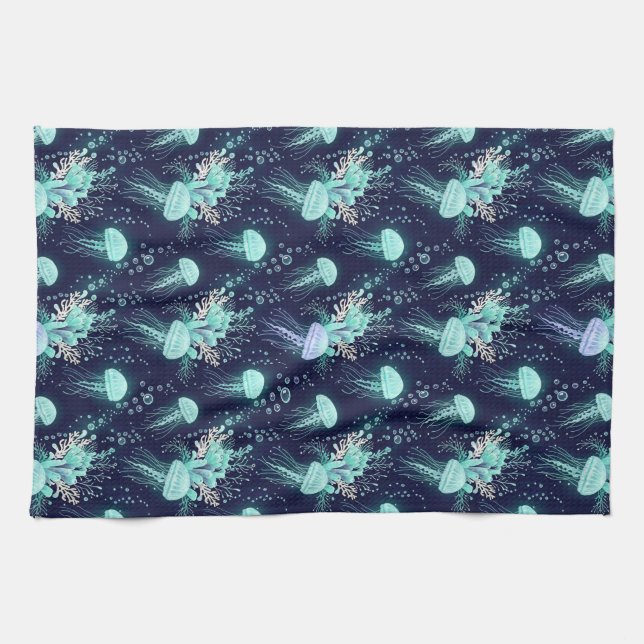 Underwater Jellyfish Pattern Tea Towel (Horizontal)