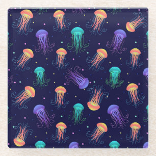 Underwater jellyfish world: bright pattern. glass coaster