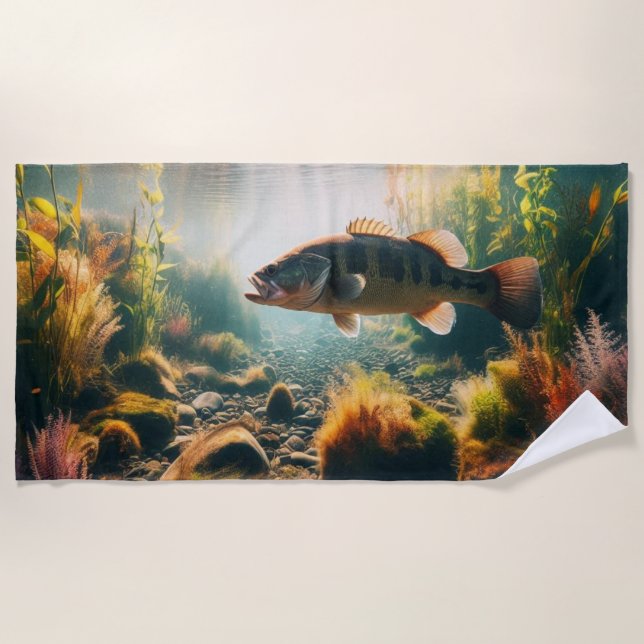Underwater large mouth bass beach towel (Front)
