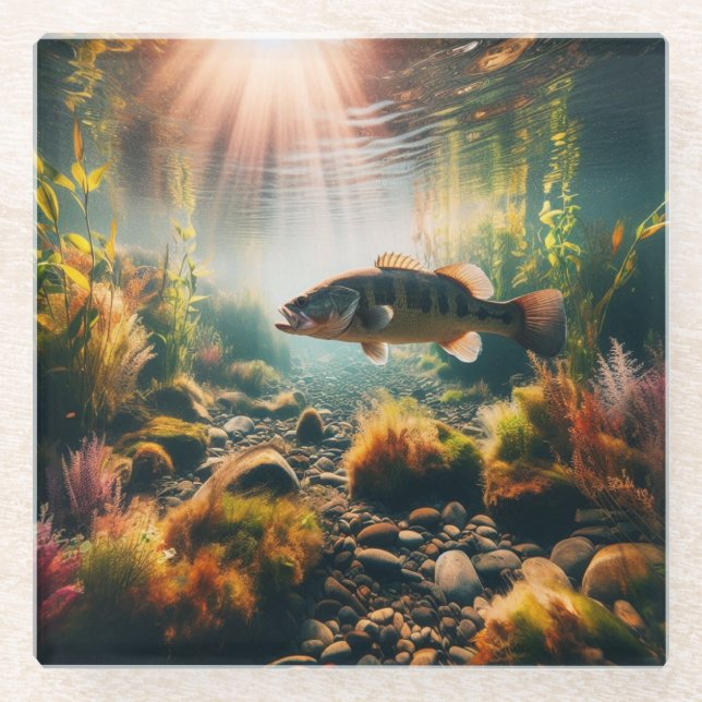 Underwater large mouth bass glass coaster (Front)