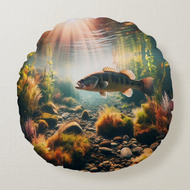 Underwater large mouth bass round cushion (Front)