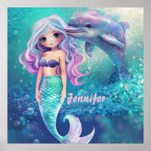 Underwater Mermaid and Dolphin Poster