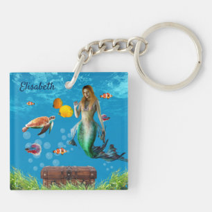 Underwater Mermaid Treasure Hunt Fantasy Blue Key Ring